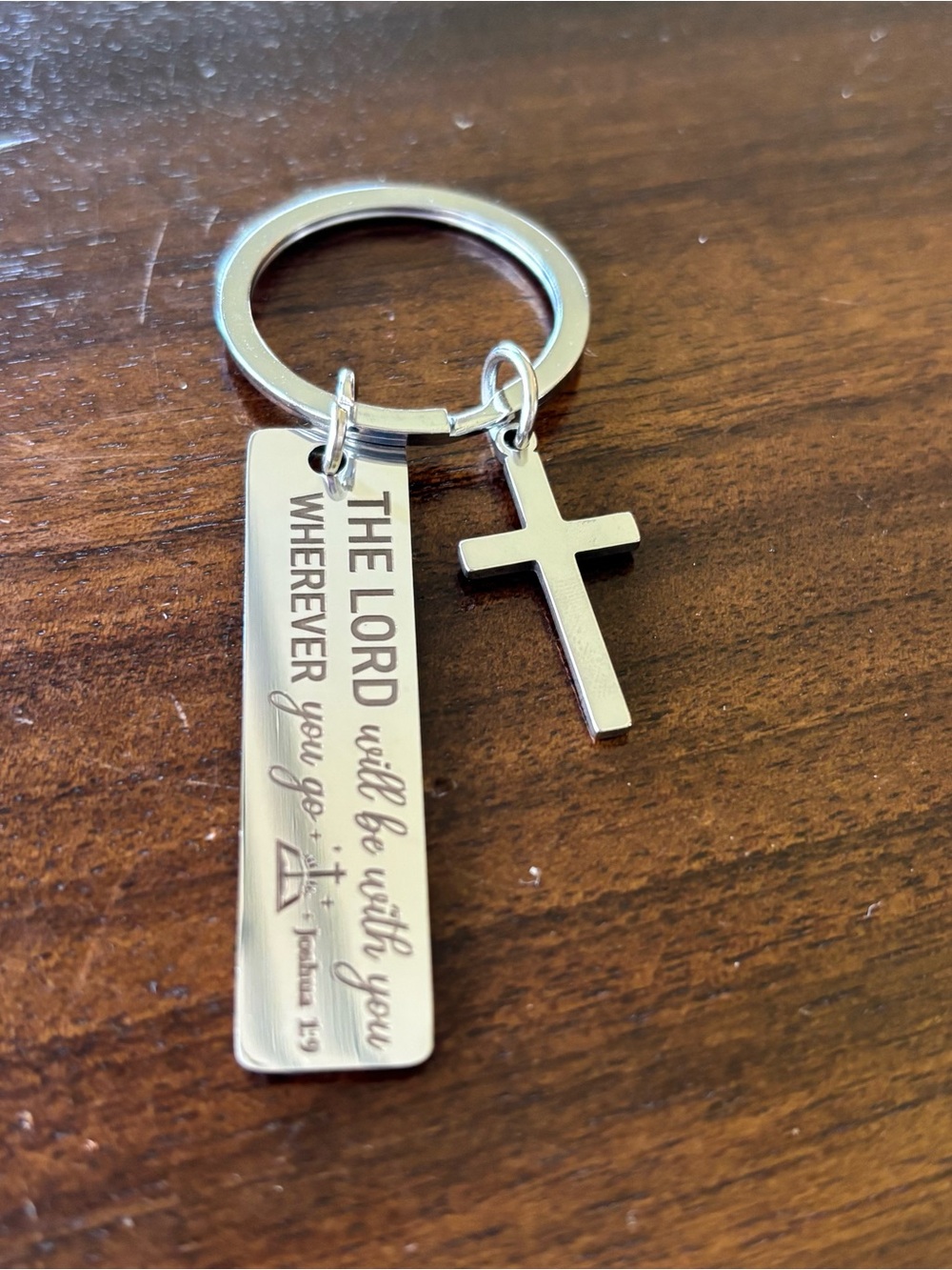 Religious Cross Keychain with Inspirational Plate - Silver - Picture 2 of 2